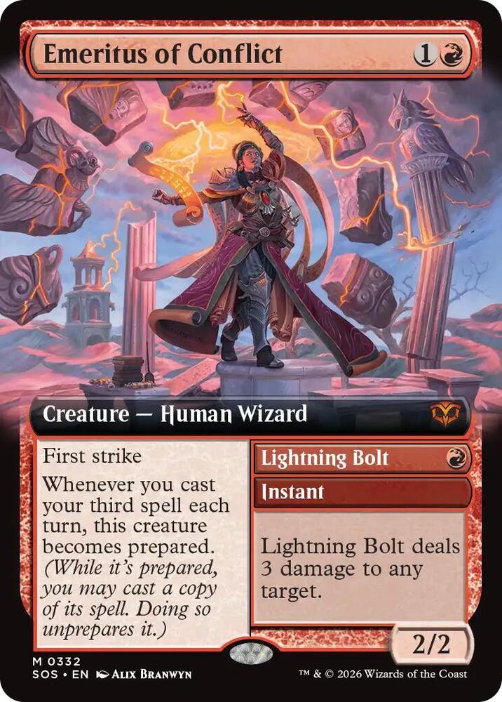 Emeritus of Conflict // Lightning Bolt 332 (Secrets of Strixhaven)  - Extended Art Foil