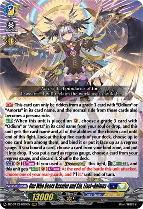 One Who Bears Resolve and Sin Liael=Animus DZ-BT13/006EN (DZ-BT13: Parallactic Clash) 